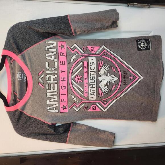 American Fighter Tops - American Fighter Women’s 3/4 Sleeve Tee Size XS Grey/Pink Buckle Style Casual